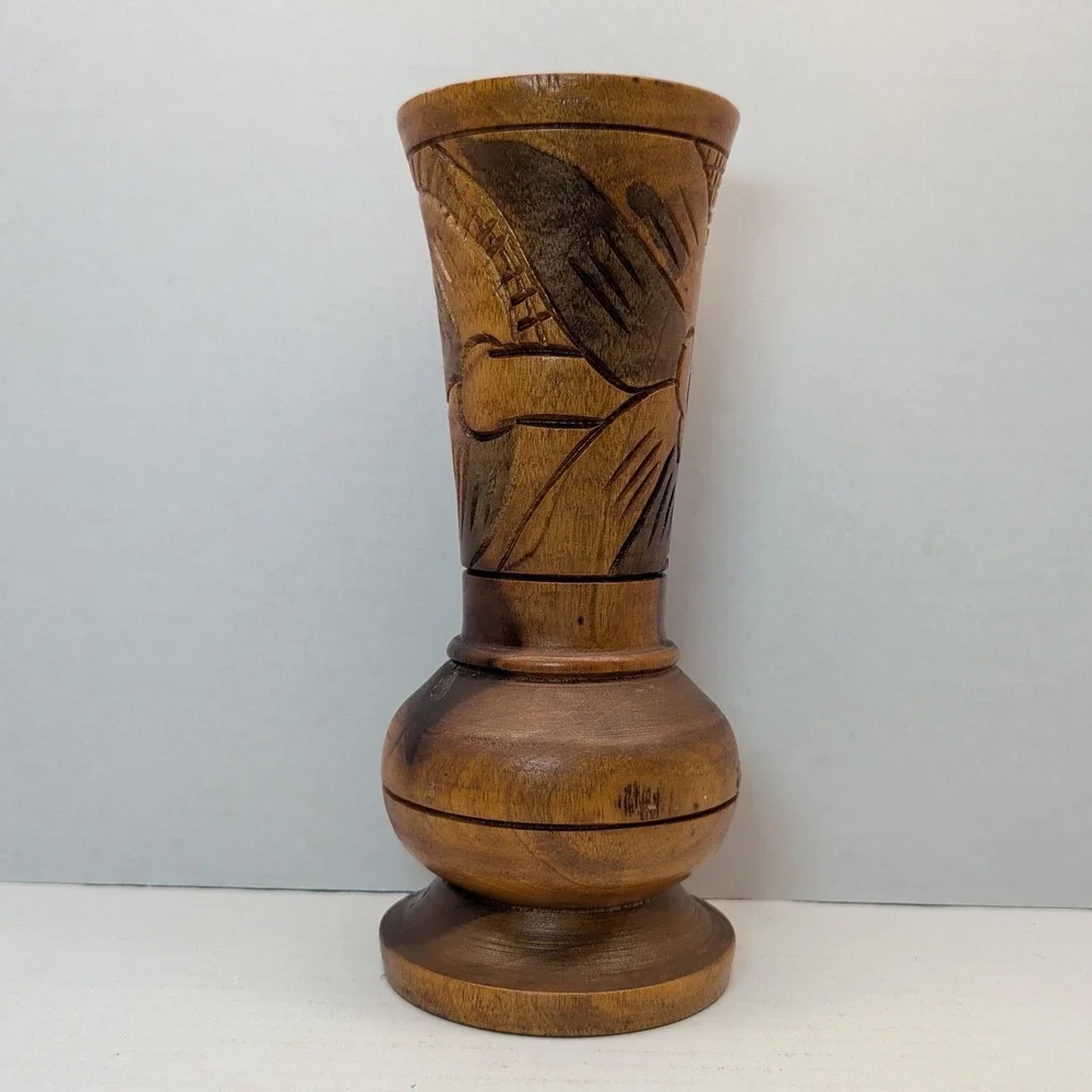 Carved‎ Wood Vase Folk Art Floral Designs 9